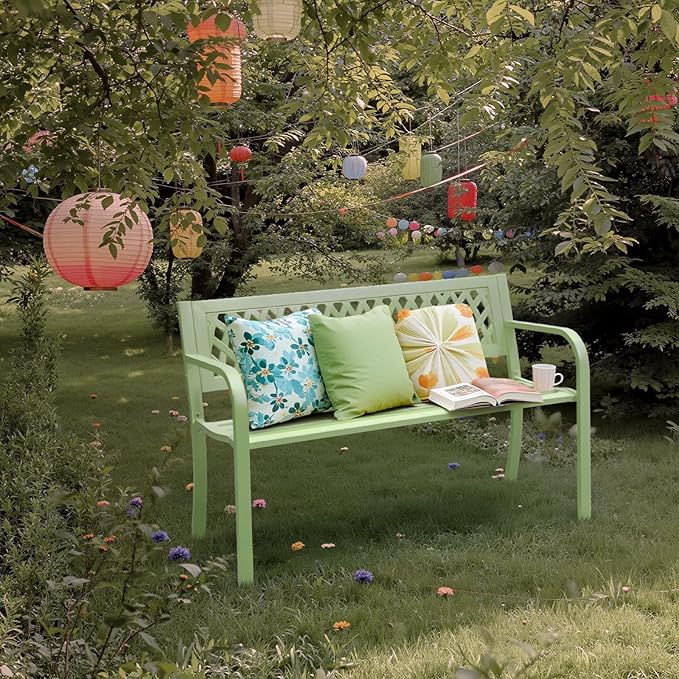 VINGLI 47'' Outdoor Bench, Weather Resistant Garden Patio Bench Powder Coated Iron Frame w/PVC Mesh Backrest Slatted Seat, 2-Person Outdoor Furniture for Front Porch Entryway Park (Green)
