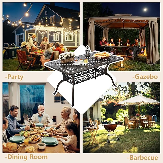 60" Cast Aluminum Outdoor Dining Table – Rectangular Red Copper Patio Table with 2" Umbrella Hole, Weather-Resistant for Garden, Backyard, and Lawn