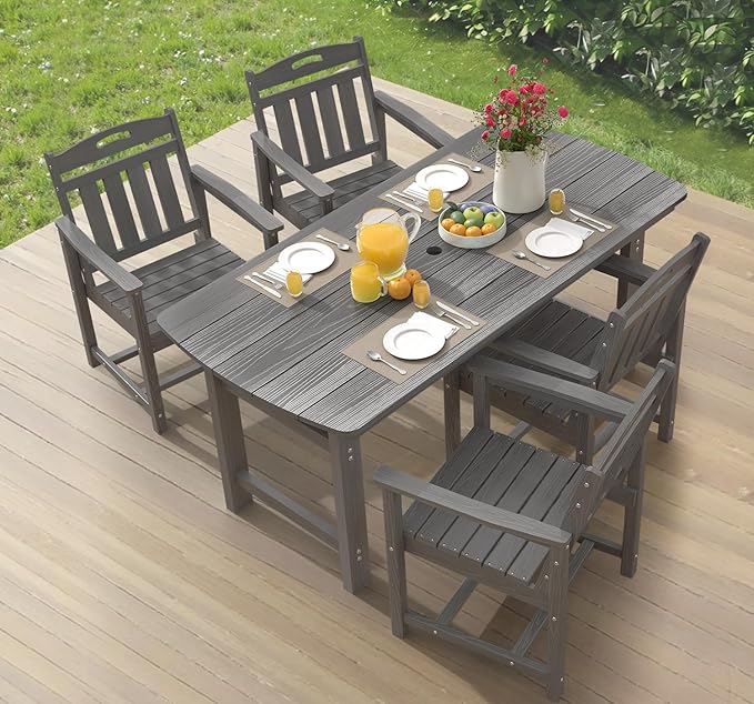 Ciokea HDPE Outdoor Dining Set, 5-Piece Patio Table and Chairs Set with Umbrella Hole, All-Weather Patio Dining Sets for 4, Durable Patio Furniture for Backyard, Garden, Lawn & Poolside, Grey