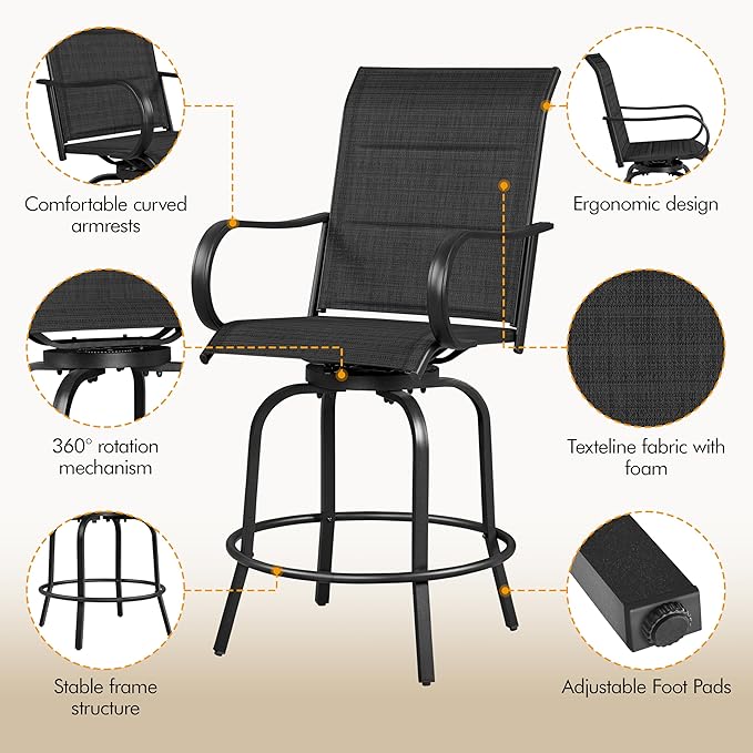 Yaheetech 2 Piece Patio Swivel Bar Stools Texteline Bistro Chairs with High Back/Armrest/Footrest, All Weather Padded Seating Outdoor Furniture Height Outdoor Chairs for Outside, Lawn & Garden