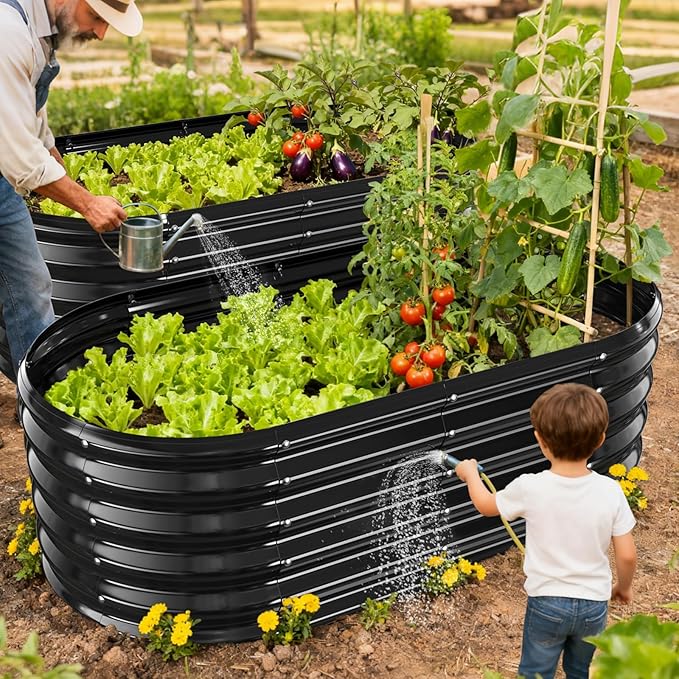 17" Tall Outdoor Garden Raised Garden Bed Kits, 4ft X 2ft Oval,0.8MM Thick Metal Raised Planter Bed/Ground Planter Box for Variety of Flowers,Herbs,Vegetables (Black, 48X24X16.5 Inches)