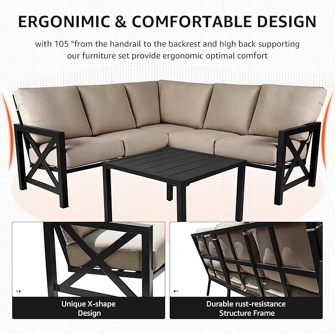 NATURAL EXPRESSIONS 6 Pieces Patio Furniture Sets,Outdoor Furniture Sets Metal Patio L Shape Sectional Couch Sofa Conversation Sets with 6.5" Shale Cushions,HighBack Hand-Brush Black Frame