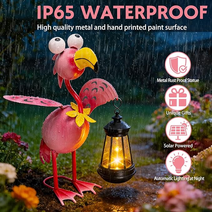 Solar Flamingo Statue with Lights,13in Tall Solar Flamingo Garden Sculptures, Birthday Gift for Woman Grandma Big Metal Decorative for Outdoor Patio Porch Ornaments Lawn Yard Balcony