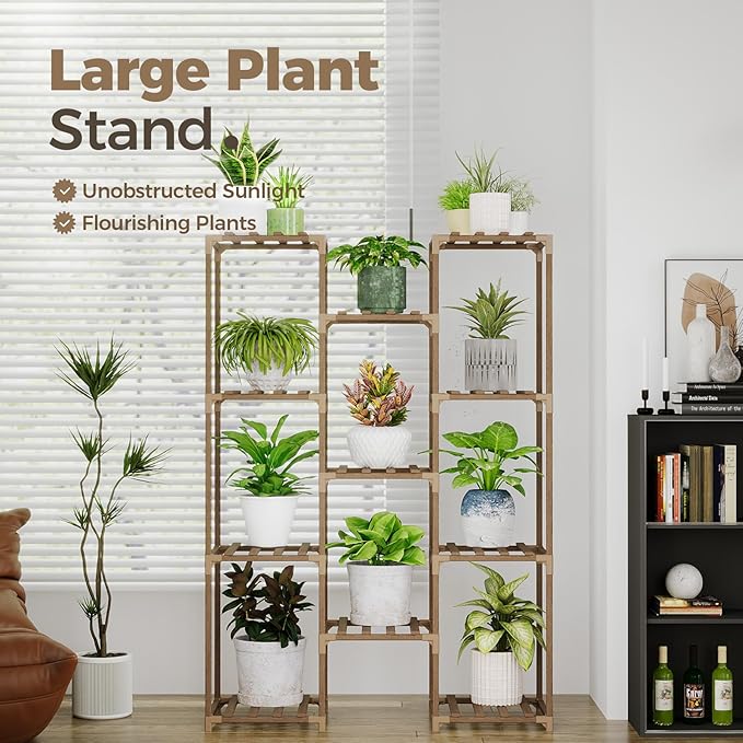 Bamworld Plant Stand Indoor Outdoor Tall Plants Shelf for Multiple Plants Pots Wood Flower Stand Large 11 Pots Plant Holder for Living Room, Patio, Balcony, Garden