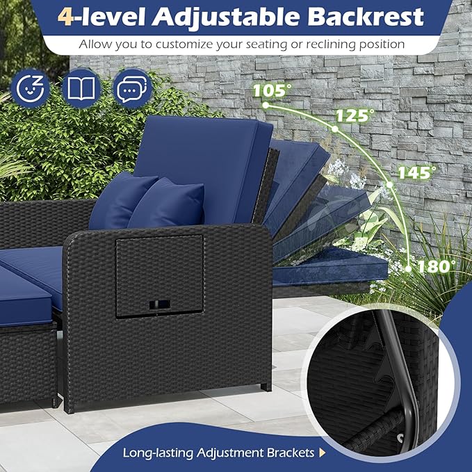 Tangkula Patio Rattan Daybed with 4-Level Adjustable Backrest, Outdoor PE Wicker Loveseat with Storage Ottoman & Folding Side Tray, Double Sunbed Lounger for Balcony, Backyard & Poolside (Navy)