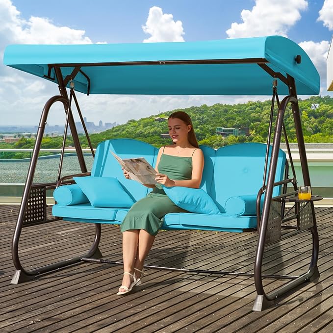 3 in 1 Outdoor Porch Swing with Adjustable Canopy, 3 Seat Outdoor Swing for Adults, Patio Swing Chair with Thickened Cushions,Pillows & Cup Holders for Backyard, Porch, Garden (Lake Blue)