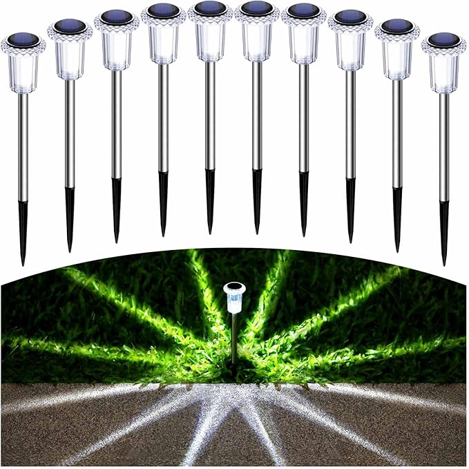 Solar Pathway Lights 10 Pack Christmas Solar Lights Outdoor Waterproof 6000K Cold White Yard Lighting, LED Stainless Steel Stake for Garden Outside Landscape Lawn Driveway Walkway Path