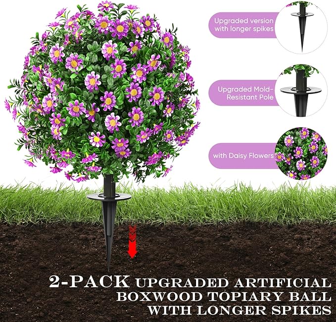 Artificial Topiary Bushes for Outdoors with Spike, Boxwood Ball Fake Shrubs UV Resistant Faux Plants for Indoor Outdoor Fall Thanksgiving Halloween Decor (Sunflower Boxwood Purple -2 Packs)