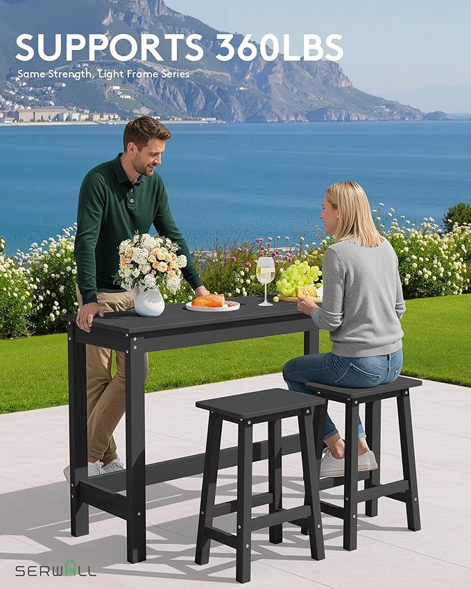 SERWALL 3-Piece Outdoor Bar Set, Rectangular All Weather HDPE Bar Height Patio Set, Outdoor High Top Table and Stools for for Outside, Poolside, Backyard, Garden, Black