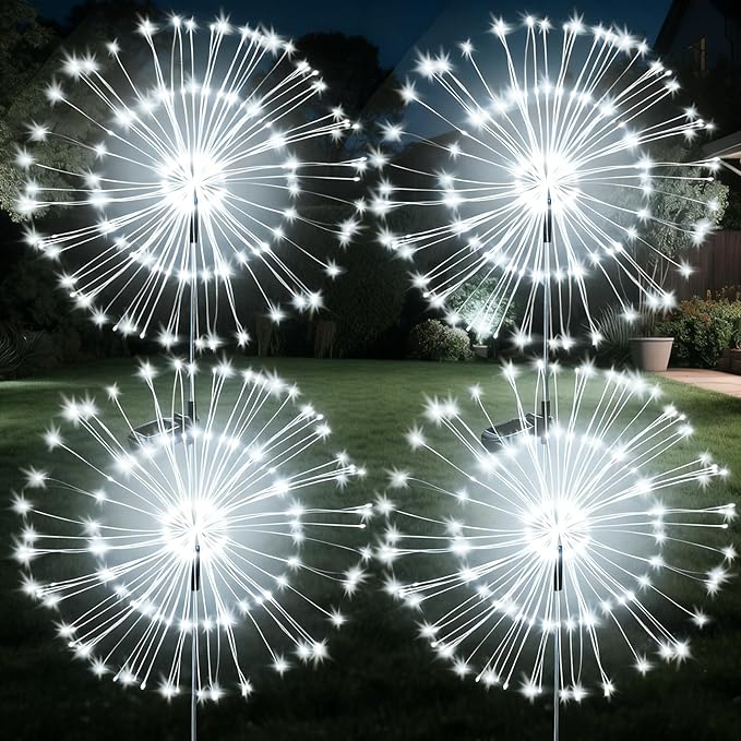 JJGoo Solar Firework Lights, 4 Pack 120 LEDs 2 Lighting Modes Solar Garden Lights Outdoor Waterproof for Yard Patio Walkway Pathway Party Wedding Christmas Decorative - White