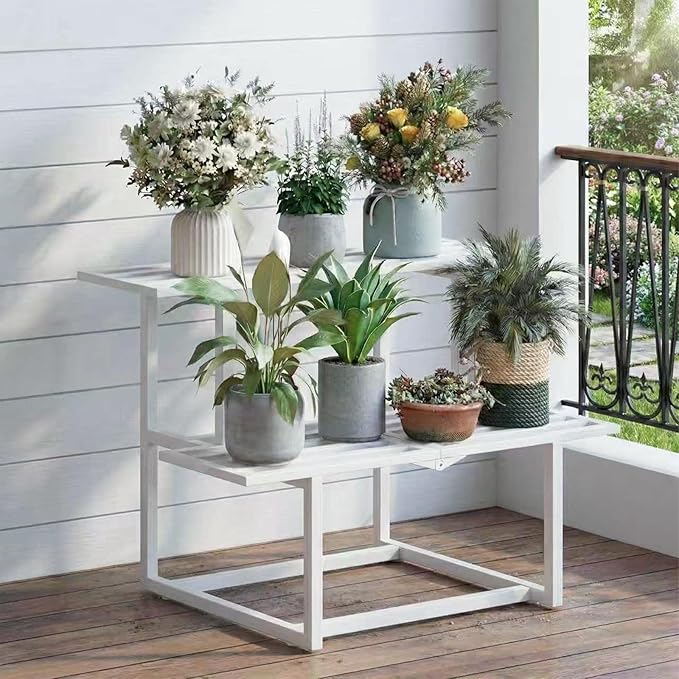 Metal Plant Stand Indoor, Outdoor Iron Plant Shelf, Heavy Duty Slatted Display Shelf for Patio Balcony Garden Living Room Load Bearing 330 LB 26" L x 20.2" H x 17.7" W 2 Tier White