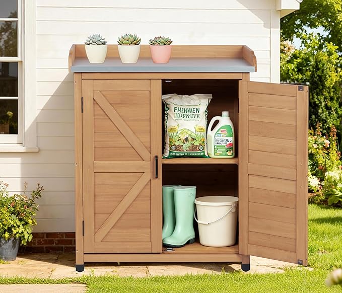 Outdoor Potting Bench with Storage Cabinet and Metal Top, Wood Workstation for Outdoor Patio, Garden (Light Brown, 31.5x17x39‘’)