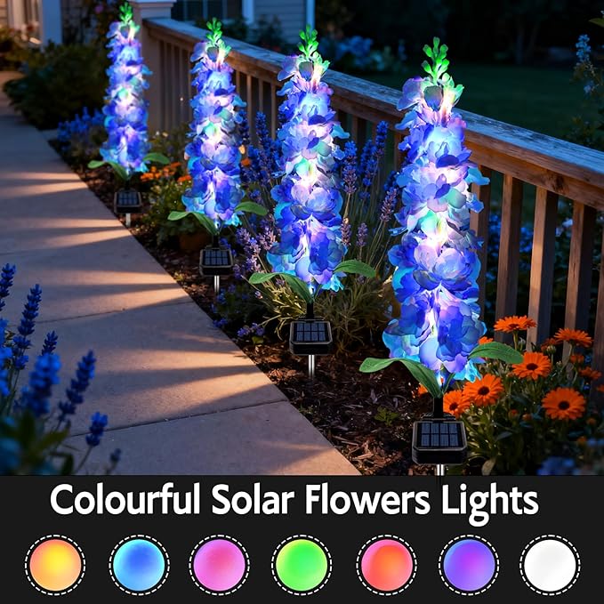 Solar Garden Lights, Solar Blue Delphinium Flowers Lights 8 Pack 160 LEDs, Waterproof Outdoor Light Two Lighting Modes for Outside Wedding Party Garden Yard Patio Lawn Decor