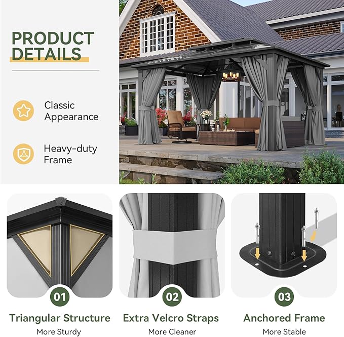 Aoxun 10'x14' Hardtop Gazebo, Aluminum Frame Permanent Pavilion with Curtains and Netting, Outdoor Polycarbonate Double Roof Canopy, Gray