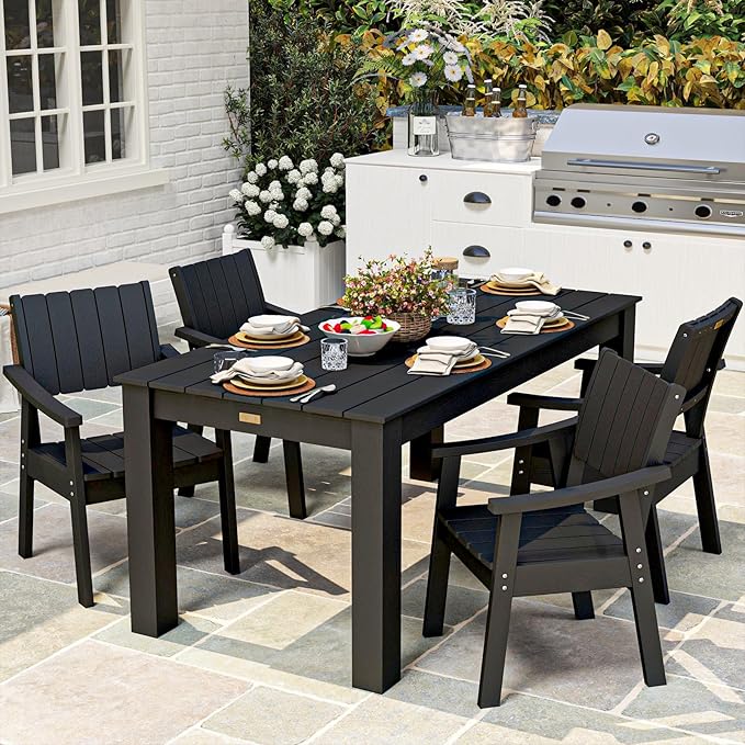 ZHUSI Patio Table and Chairs Set, Outdoor Table and Chairs,HDPE Outdoor Dining Set with Umbrella Hole for Backyard, Poolside, Porch (Black, 5 PCS)