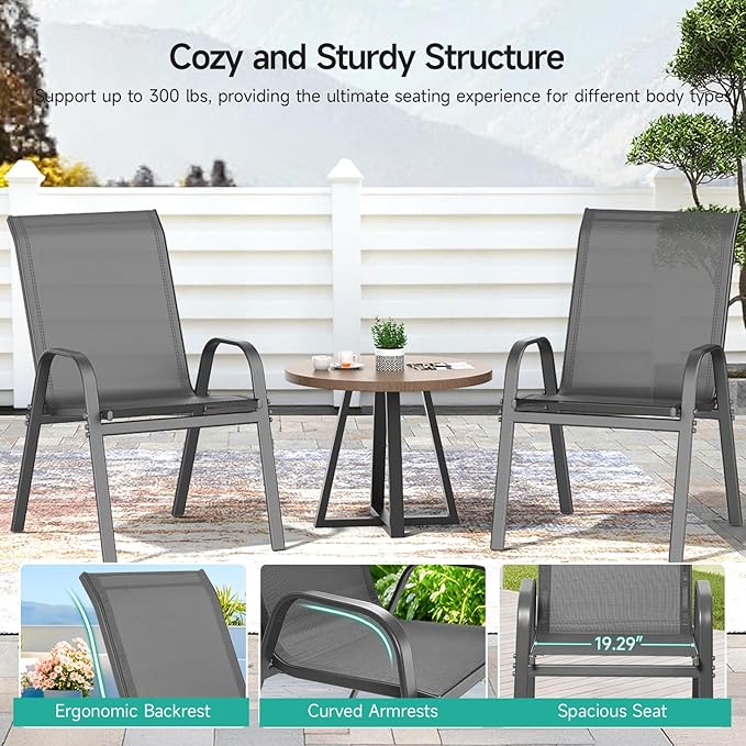 Patio Chairs Set of 4, All Weather Breathable Stackable Outdoor Dining Chairs with High Back and Wide Seat, Easily Set Up Outdoor Chairs Set of 4 with Metal Frame for Backyard Garden Pool, Grey
