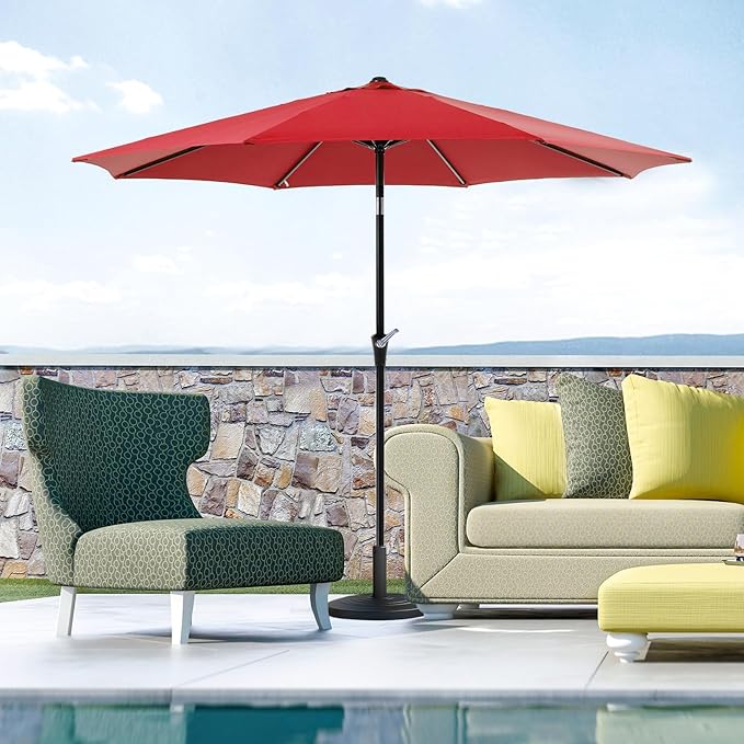 OLIXIS 9ft Patio Umbrella with Tilt and Crank Button & 8 Sturdy Ribs Waterproof, Patio Table Umbrella Perfect for Poolside, Terrace, Beach and Outdoor Restaurant, Red