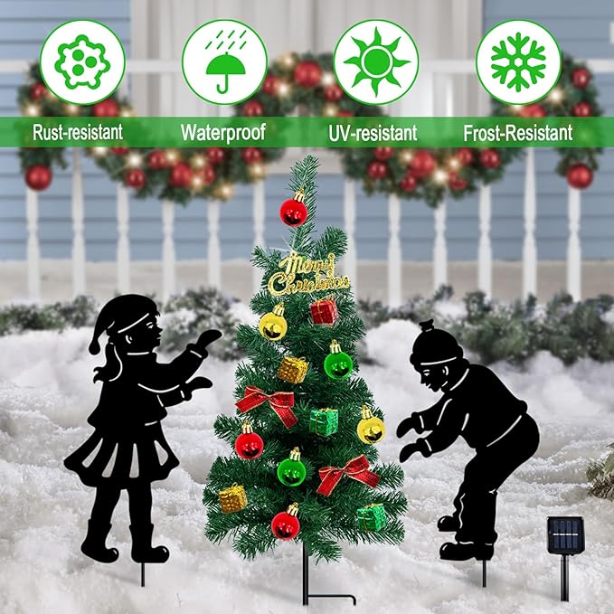 Solar Outdoor Christmas Tree,3 Pack Christmas Outdoor Decorations with Boy and Girl Garden Stakes,Color Changing LED Lights,Waterproof Xmas for Yard,Lawn,Pathway