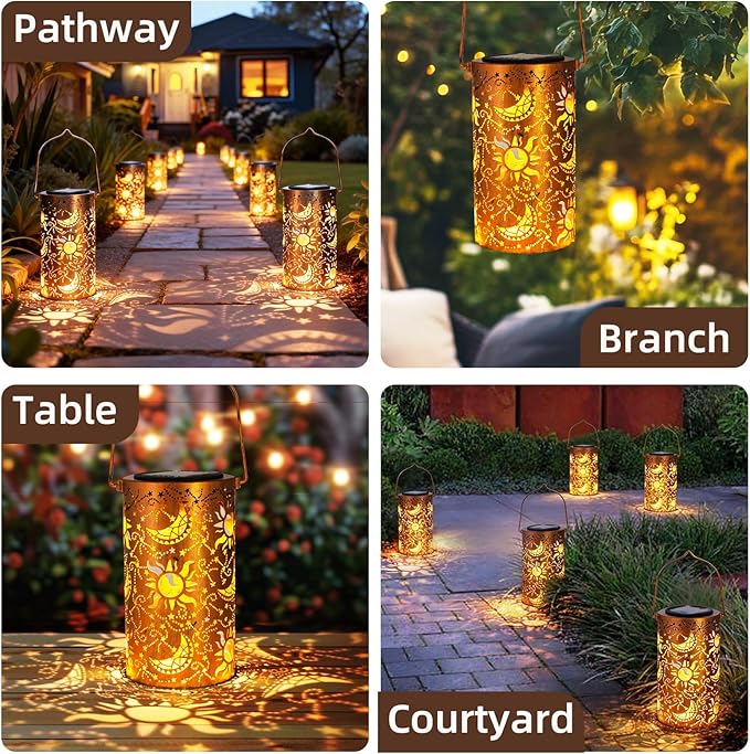 Solar Lanterns Outdoor Hanging Lantern Lights,Sun Moon Metal Decor Lanterns-Waterproof LED Decorative Light for Garden Patio Yard Lawn Backyard Front Porch as Gifts for Mom Grandma Women