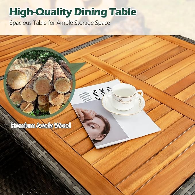 Tangkula 9 Pieces Rattan Outdoor Dining Set with 13Ft Solar Patio Umbrella for 6, Outdoor Wicker Table Set with 8 Cushioned Chairs, Acacia Wood Top, Outdoor Umbrella with Base Included