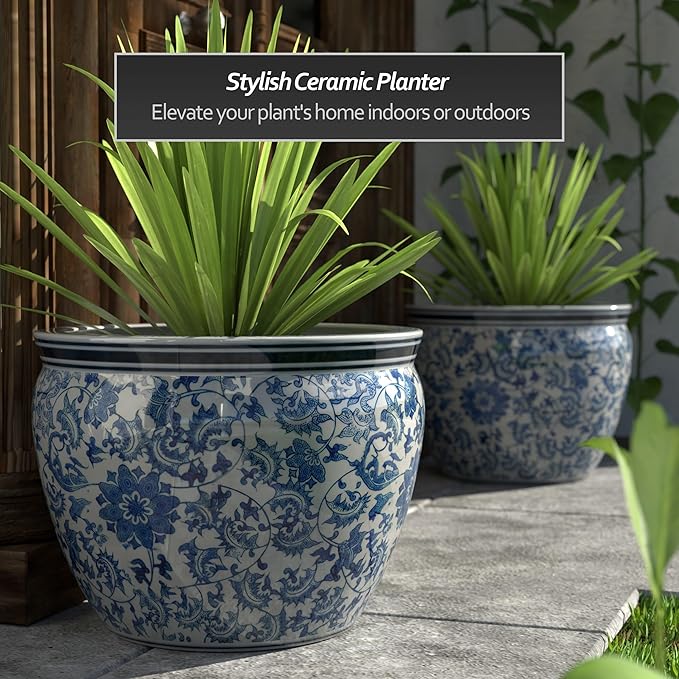 Red Lantern Large 22" Porcelain Fishbowl Blue & White Floral Planter