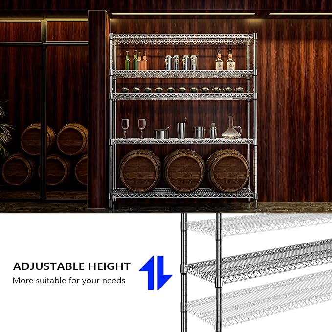 3500LBS 59" W 5 Tier Storage Shelves Rack Metal Wire Shelving Unit, Storage Standing Shelf Organizer for Laundry Bathroom Kitchen Pantry Closet Garage, Chrome 17.7" D x 59.1" W x 70.4" H