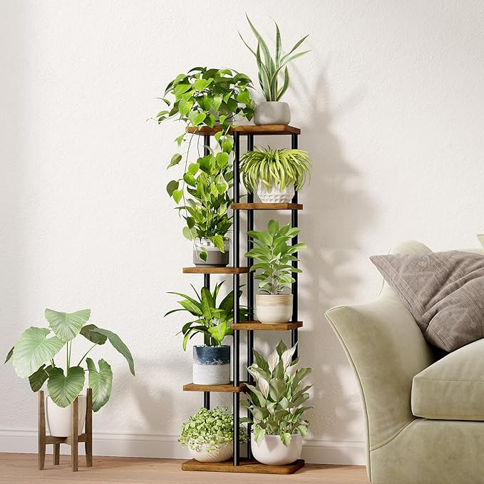 Bamworld Tall Plant Stand Indoor 6 Tier Plant Shelf for Multiple Plants, Tiered Flower Pot Stands for Patio Garden Balcony Living Room Bedroom, Brown