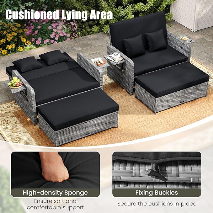 Tangkula Patio Rattan Daybed with 4-Level Adjustable Backrest, Outdoor PE Wicker Loveseat with Storage Ottoman & Folding Side Table, Double Sunbed for Balcony, Backyard & Poolside, Black & Grey