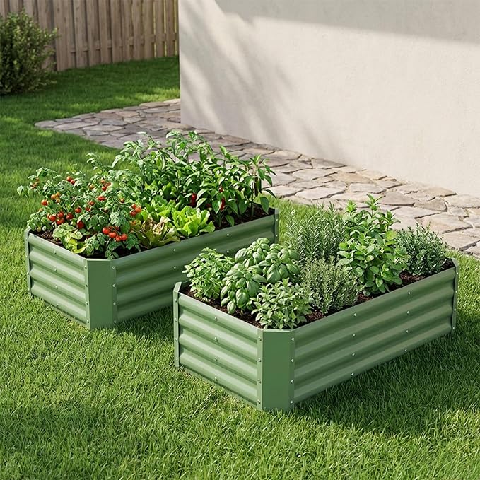 INNO STAGE 2 Pcs 4×2×1ft Galvanized Raised Garden Bed Kit, Galvanized Planter Raised Garden Boxes Outdoor, Large Metal Raised Garden Beds for Vegetables, Flowers, Herbs, and Succulents, OliverGreen