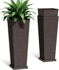 Set of 2 32 Inch Tall Plastic Planters with Drainage Saucers, Rattan Pattern UV Resistant Indoor Outdoor Flower Pots for Patio Garden Balcony Decor, Brown