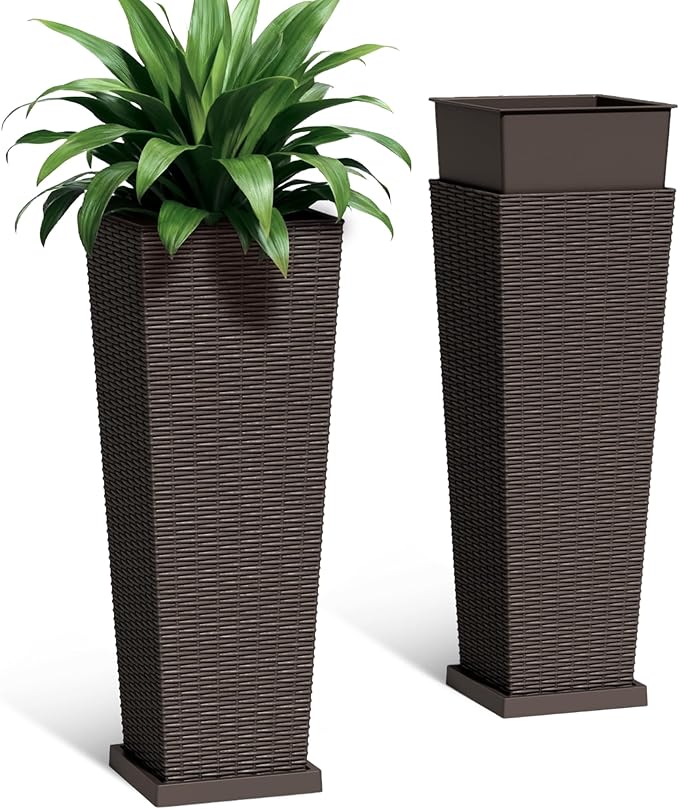 Set of 2 32 Inch Tall Plastic Planters with Drainage Saucers, Rattan Pattern UV Resistant Indoor Outdoor Flower Pots for Patio Garden Balcony Decor, Brown