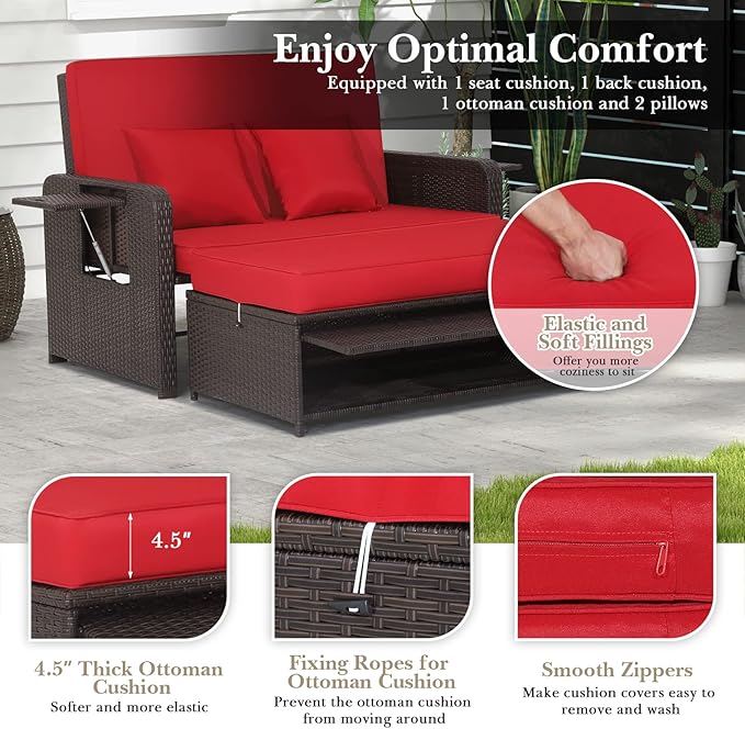 Tangkula Patio Rattan Daybed with 4-Level Adjustable Backrest, Outdoor PE Wicker Loveseat with Storage Ottoman & Folding Side Tray, Double Sunbed Lounger for Balcony, Backyard & Poolside, Red & Brown