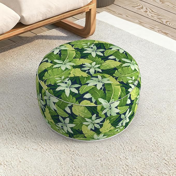 LVTXIII Indoor/Outdoor Extra Large Inflatable Ottoman Pouf D31 x H14 Inch, Round Footstool with Handle, Weather-Resistant Portable Furniture for Patio, Camping, Beach, Jungle Leaves