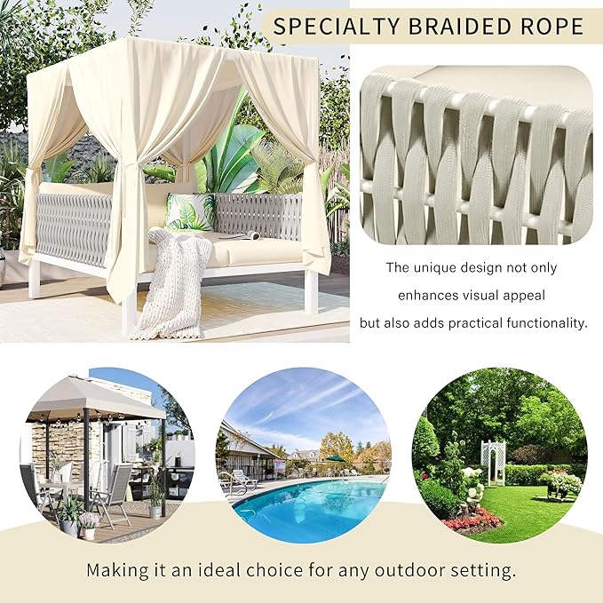 Merax Outdoor Patio Daybed with Soft Thick Cushions, Two Pillows and Curtains, Double Chaise Lounge Sunbed with Rubber Core Rope Backrest for Outside Pool,Garden,Backyard,Lawn, Beige