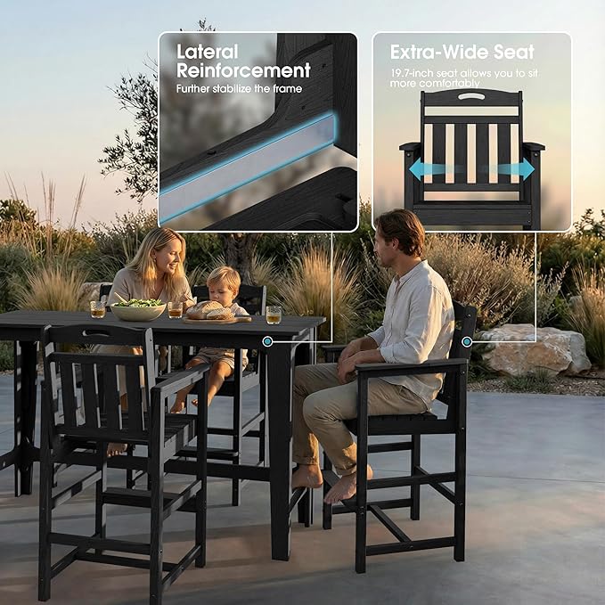 Ciokea 3 Pcs Outdoor Bar Height Table Set, 60" Extra Long Rectangle High Top Table and 2 Oversized Adirondack Chairs Set, Heavy-Duty All-Weather HDPE Patio Bar Set for Backyard Balcony Deck, Black