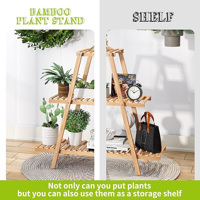 BMOSU Plant Stand Bamboo for Indoor Outdoor Tiered Plant Shelf 8 Potted Flower Holder Ladder Rack Garden Balcony Living Room Patio(3 Tier Natural)