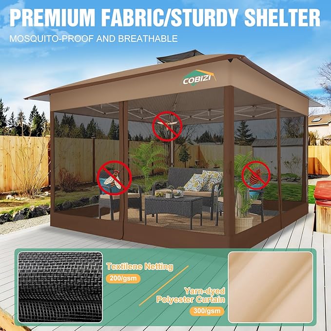 COBIZI 13x13 Pop Up Gazebos On Clearance Canopy Tent- Upgrade Metal Outdoor Canopy Waterproof - Portable Gazebo with Mosquito Nettings, 4 Ropes 8 Stakes and Carry Bag for Patio Garden(Brown)