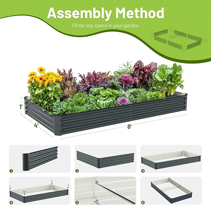 2PCS 8x4x1FT Galvanized Raised Garden Bed, Galvanized Planter Raised Garden Boxes Outdoor, Large Metal Raised Garden Beds for Vegetables-Grey