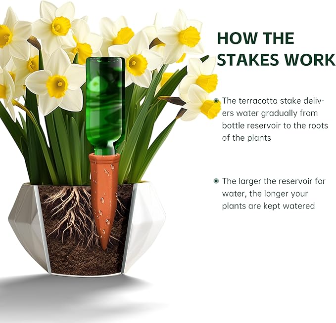 Large Terracotta Watering Spikes with Lids, Automatic Plant Waterer Outdoor | Indoor, Vacation Friendly Clay Plant Watering Devices System, Slow Release Self Watering Planter Insert, 4 Pack