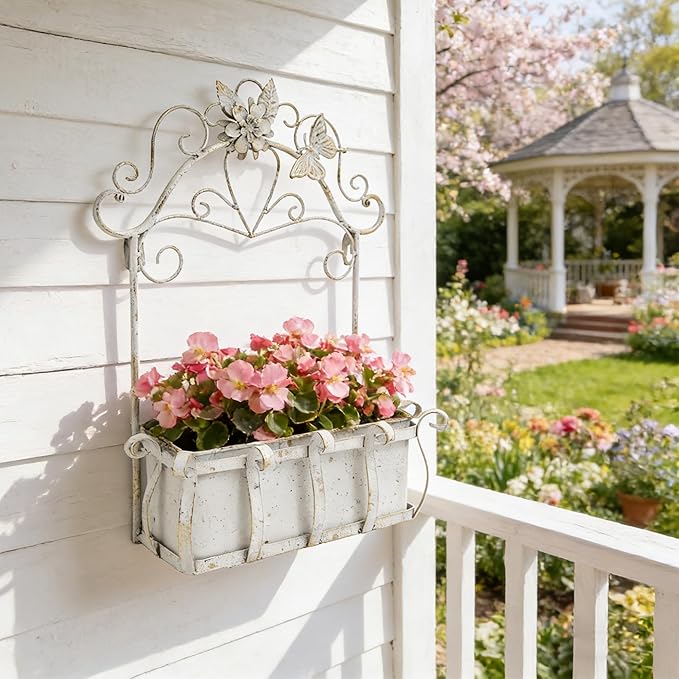 Rustic Metal Wall Planter Vintage Wall Mounted Flower Pot Farmhouse Distressed Wall Hanging Plant Basket with Floral & Butterfly Decor for Indoor Outdoor Garden Home Yard (White#2)