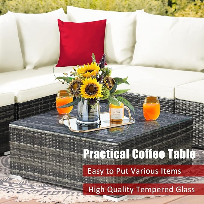 Tangkula 7 Pieces Wicker Patio Furniture Set, All-Weather Outdoor Rattan Sectional Sofa Set with Cushions & Tempered Glass Coffee Table, Outside Sofa Set for Garden, Lawn, Deck, Backyard (White)