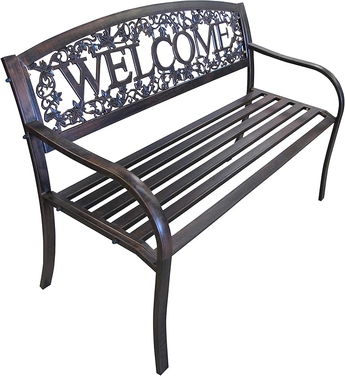 Leigh Country Metal Outdoor Bench, Welcome Design, Decorative Patio Seating for Porch/Deck