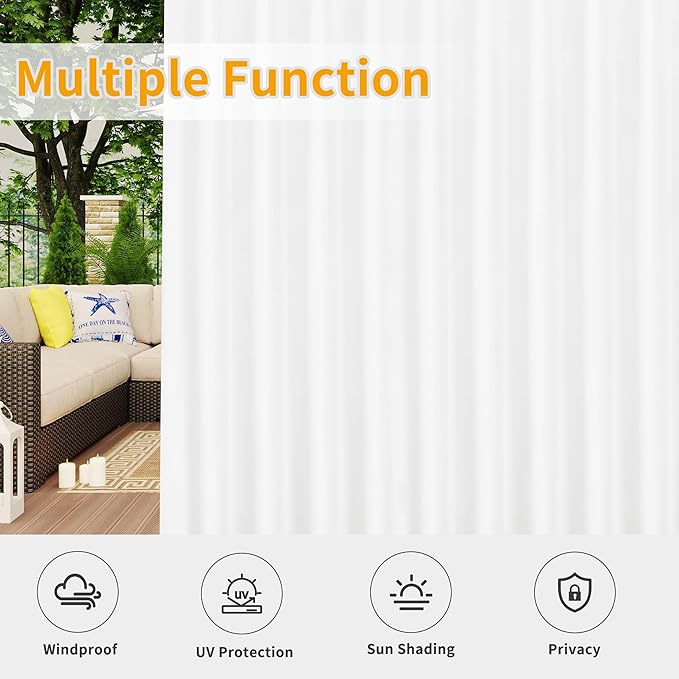 Easy-Going Outdoor Patio Curtains Detachable Tab Top Windproof Weatherproof Curtain for Cabana, Porch, Pergola and Gazebo, Tab Bottom Drape, 2 Panels, 110W x 84L inch, White