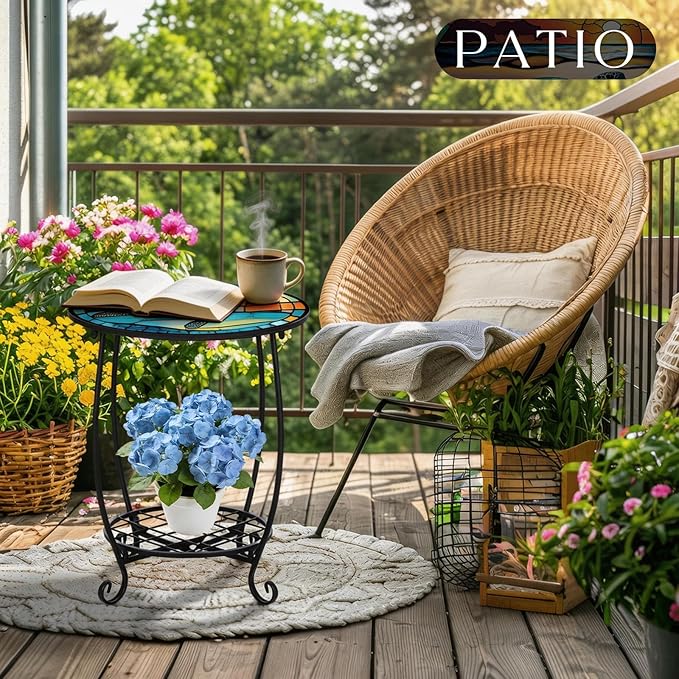 Outdoor Side Table Round Small Mosaic Patio Accent Indoor End Plant Coffee Tea Table for Yard Patio Porch Garden Living Room, Bedroom(Turtle Style,18 Inch)