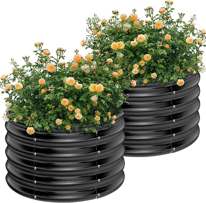 AHEONLAR 2 Pack 2x2x1.5ft Round Galvanized Raised Garden Bed Outdoor Metal Planter Box for Vegetables Steel Raised Beds for Gardening Grey
