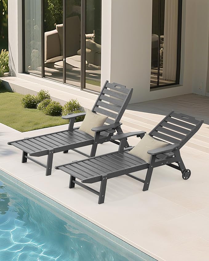 Carauci Lounge Chair Outdoor Set of 4, HDPE Chaise Lounge with Wheels, 5-Position Adjustable Backrest & 2 Cup Holders Patio Lounge Chair, All-Weather Pool Sun Lounger for Poolside, Backyard, Grey