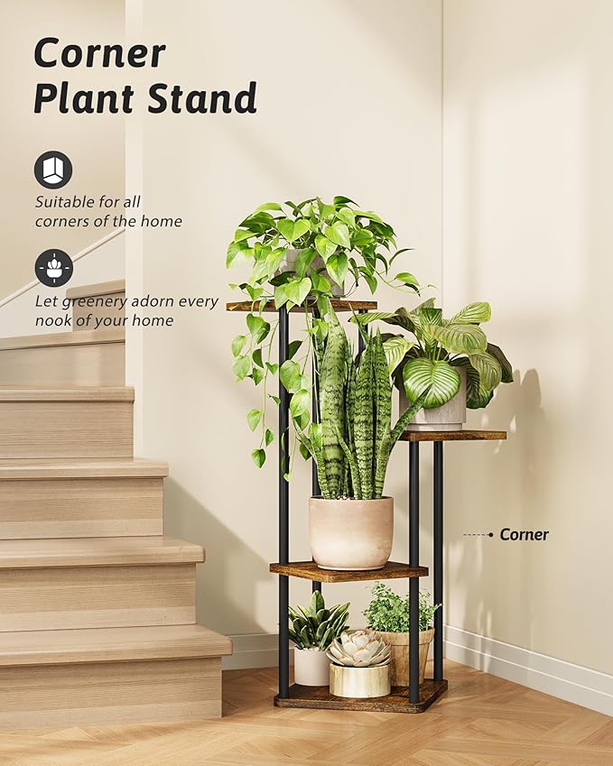 Tall Plant Stand Indoor 4 Tiered Plant Shelf for Multiple Plants Coner Shelf Stand Wood Plant Stand Metal Shelving for Living Room Bedroom Balcony Patio Brown Oak