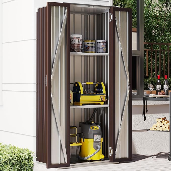 AECOJOY Outdoor Storage Cabinet Waterproof with Adjustable Shelves, Vertical Tall Garden Outdoor Cabinet, Sheds & Outdoor Storage Clearance Cabinet Weatherproof for Outside in Brown