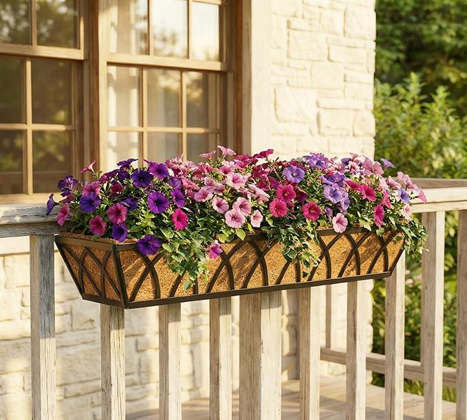 30 Inch Window Deck with Coco Liner, Fence Metal Hanging Flower Planter Window Basket Deck Railing Planter Boxes for Outdoor Garden Lawn，30" Window Boxes Horse Trough with Coconut Coir Liner, 4pcs