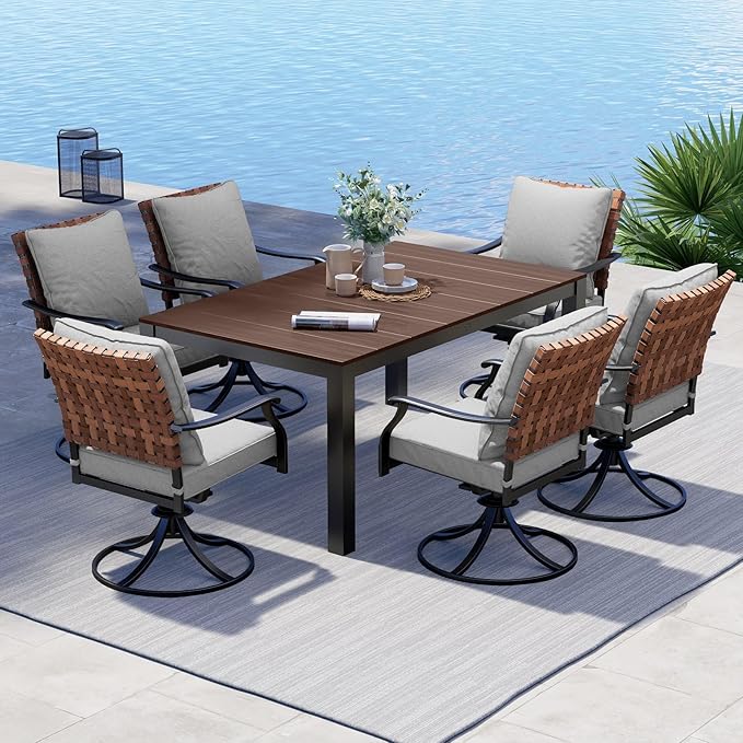 Grand patio 7-Piece Outdoor Dining Set, 6 Leather-Look Resin Wicker Swivel Patio Chairs & 1 Rectangular Woodgrain Dining Table, Brown